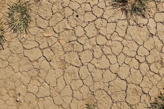 Vista aérea de solo desértico rachado, com poucas áreas de vegetação.