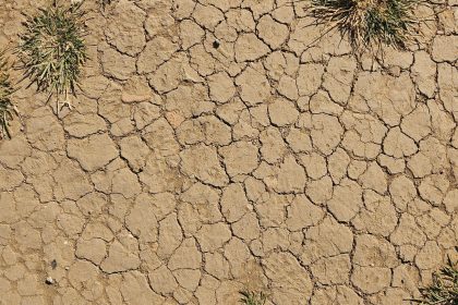 Vista aérea de solo desértico rachado, com poucas áreas de vegetação.
