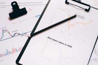 Prancheta com gráficos e dados do mercado financeiro, ilustrando a análise da economia.